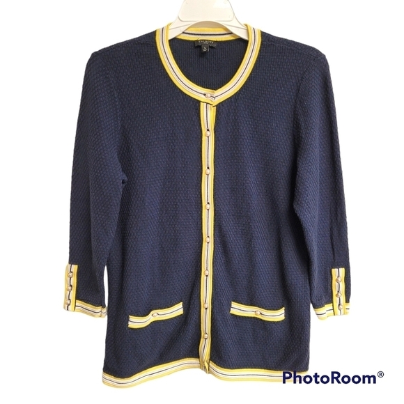 Talbots navy blue and yellow button front cardigan - Picture 1 of 8